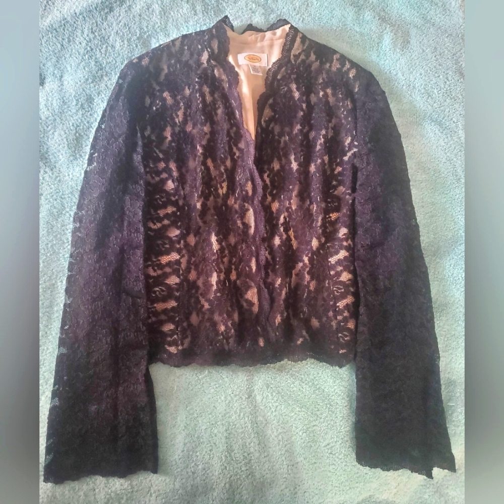 Talbots black lace and cream button-up cardigan